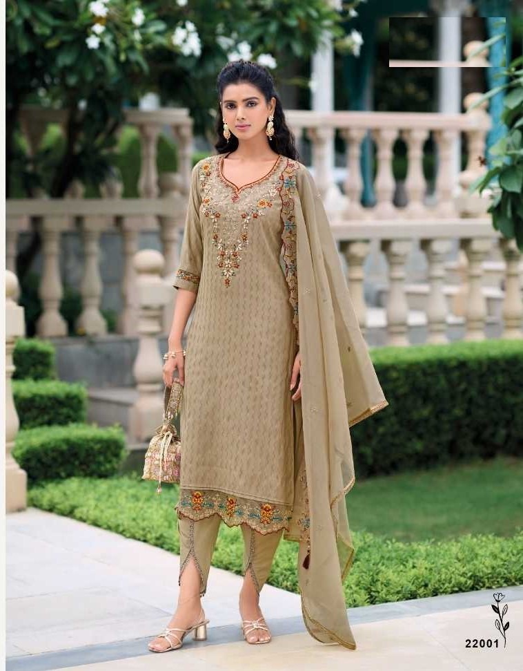 Beige Silk Handwork Suit With Tulip Pants & Silk Dupatta 22001