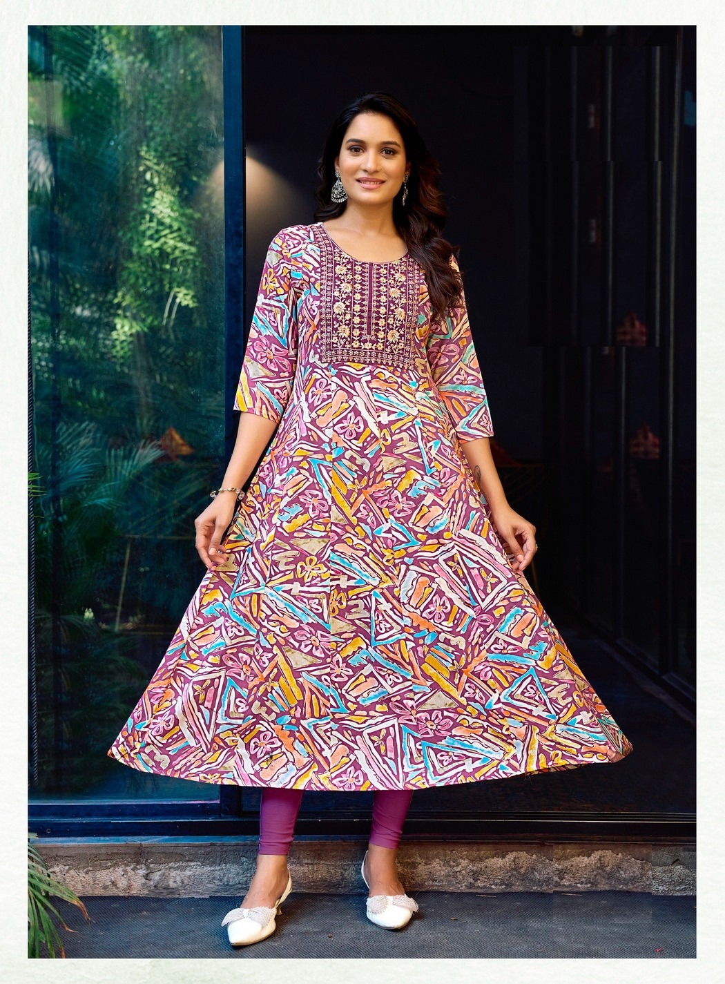 Baby Pink Heavy Cotton Floral Print With Embroidery Anarkali Kurti 2007