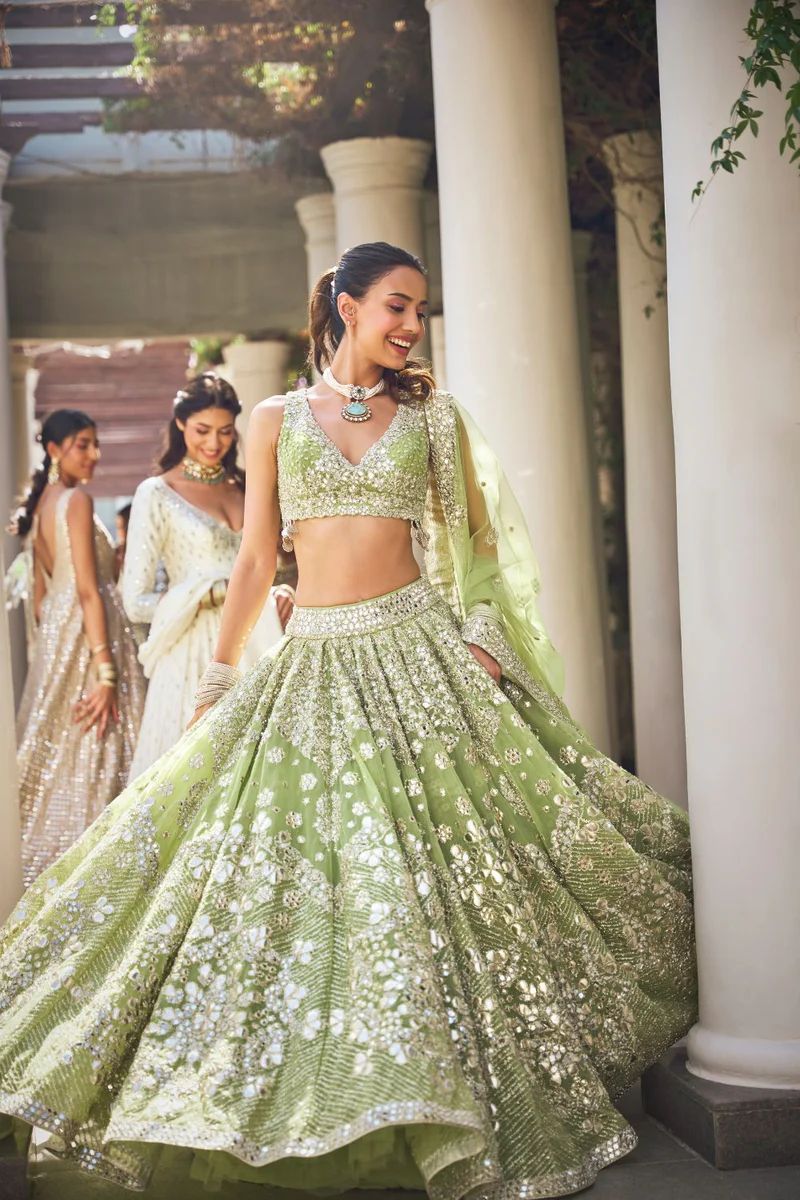 Pastel Green Heavy Georgette Embroidery Diamond Work Semi Stitched Lehengas 1082