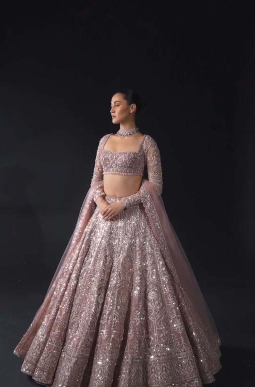 Pastel Purple Heavy Net Embroidery Diamond Work Semi Stitched Lehengas 1081