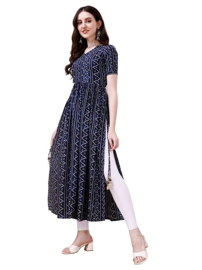 Pure Rayon Navy Blue Bandhani Nayra Cut Long Kurtis 1082