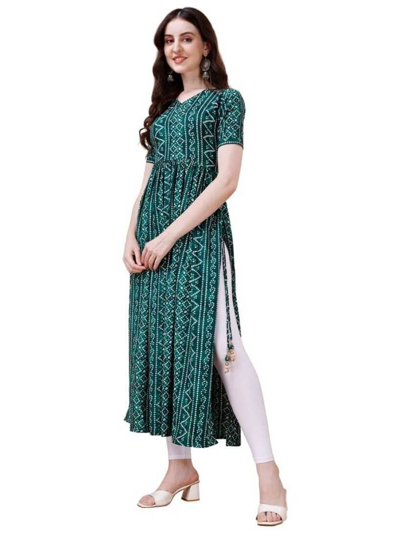 Pure Rayon Green Bandhani Nayra Cut Long Kurtis 1084