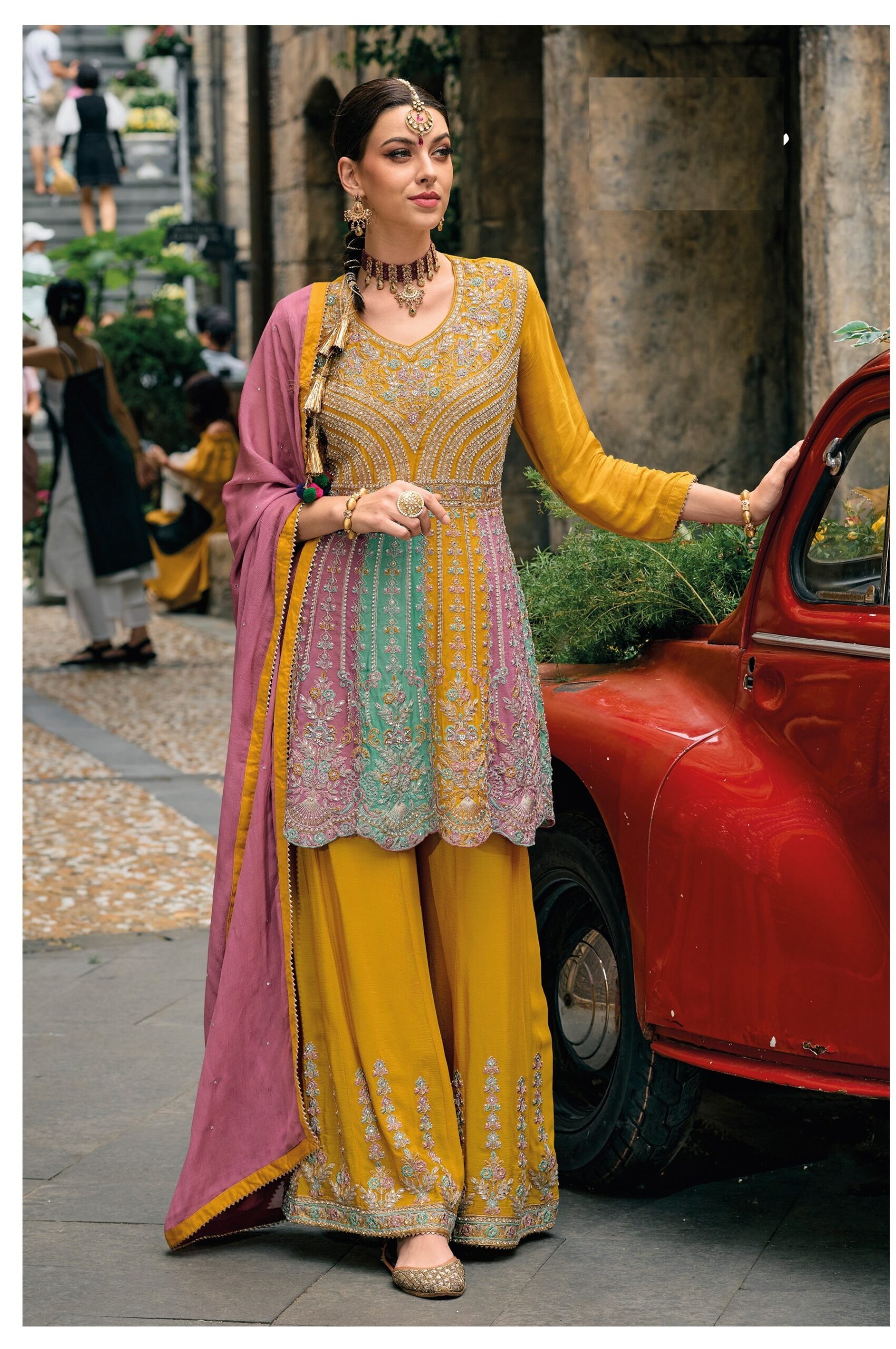 Yellow Multicolor Thread Work Wedding Chinon Silk Palazzo Suit 1608
