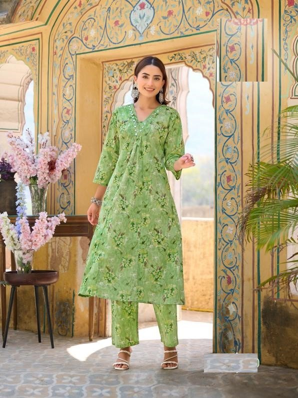 Parrot Green Pure Cotton Kurta Sets For Summer 1005