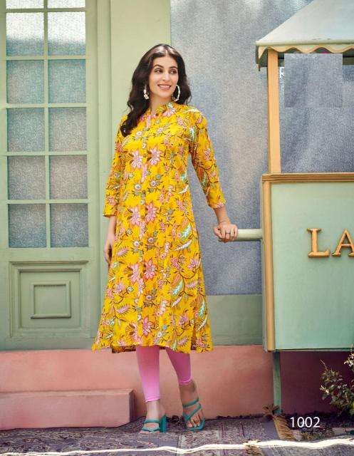 Yellow Floral Print A Line Cotton Kurtis 1002