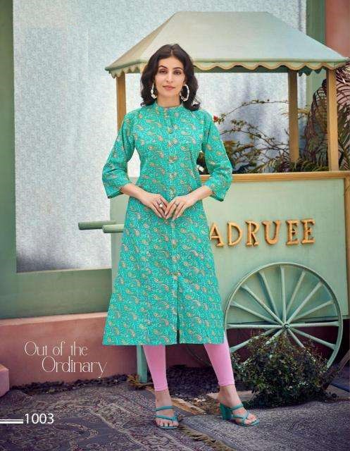Aqua Green Print A Line Cotton Kurtis 1003
