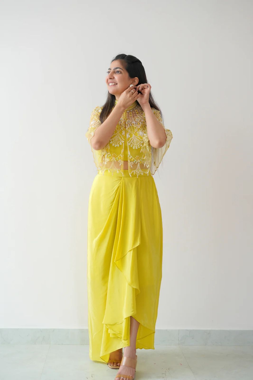 Light Yellow Indowestern Satin Silk Crop Top, Dhoti Skirt & Net Koti Haldi Set 1613