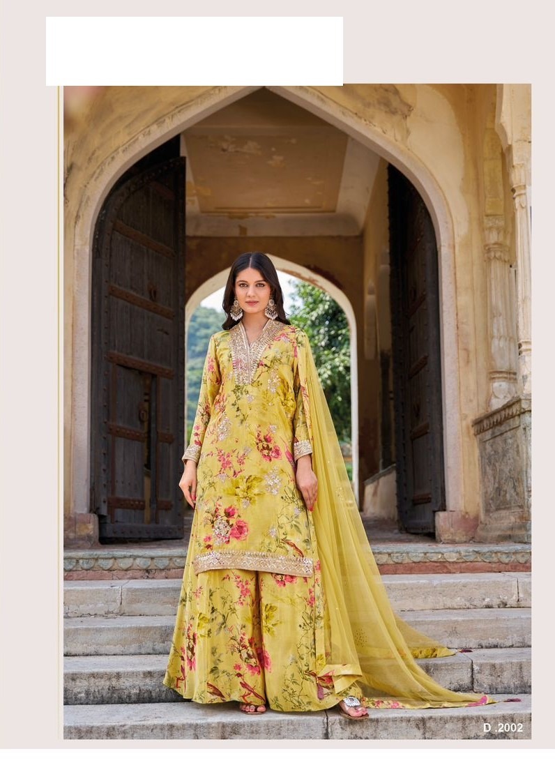Yellow Floral Chinon Silk Wedding Full Stitched Gharara Suits 2002