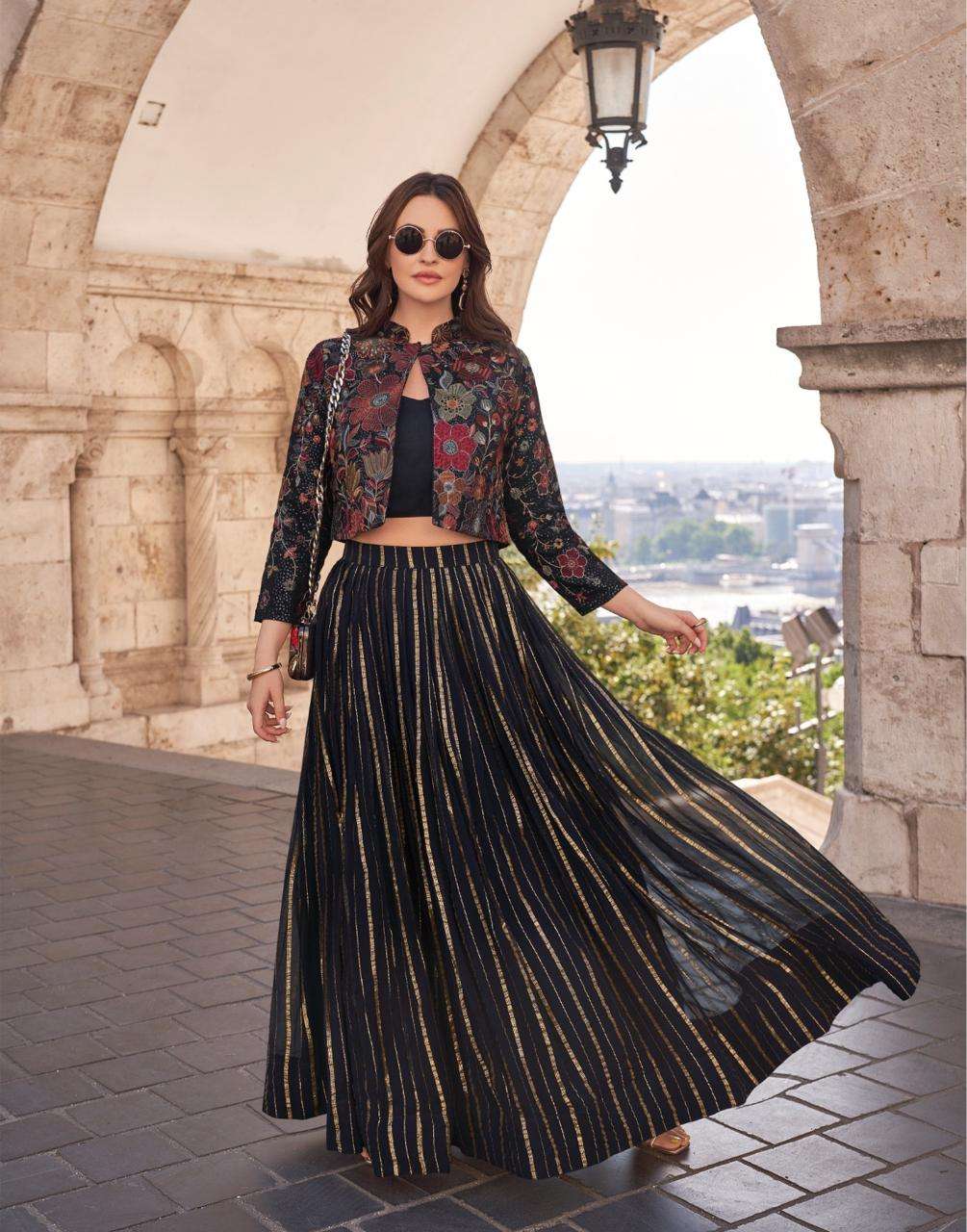 Indowestern Heavy Wedding Collection Chinon Silk Crop Top, Jacket & Skirt Set 5580