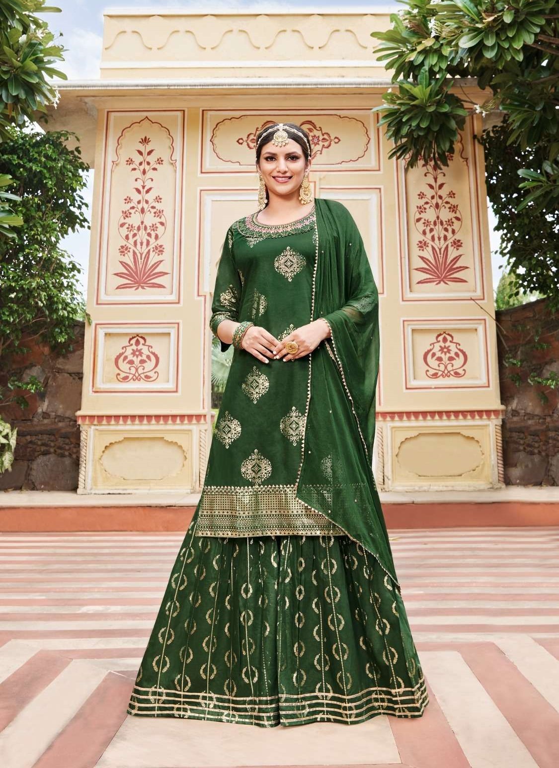 Bottle Green Soft Silk Full Stitch Gharara Set 2004