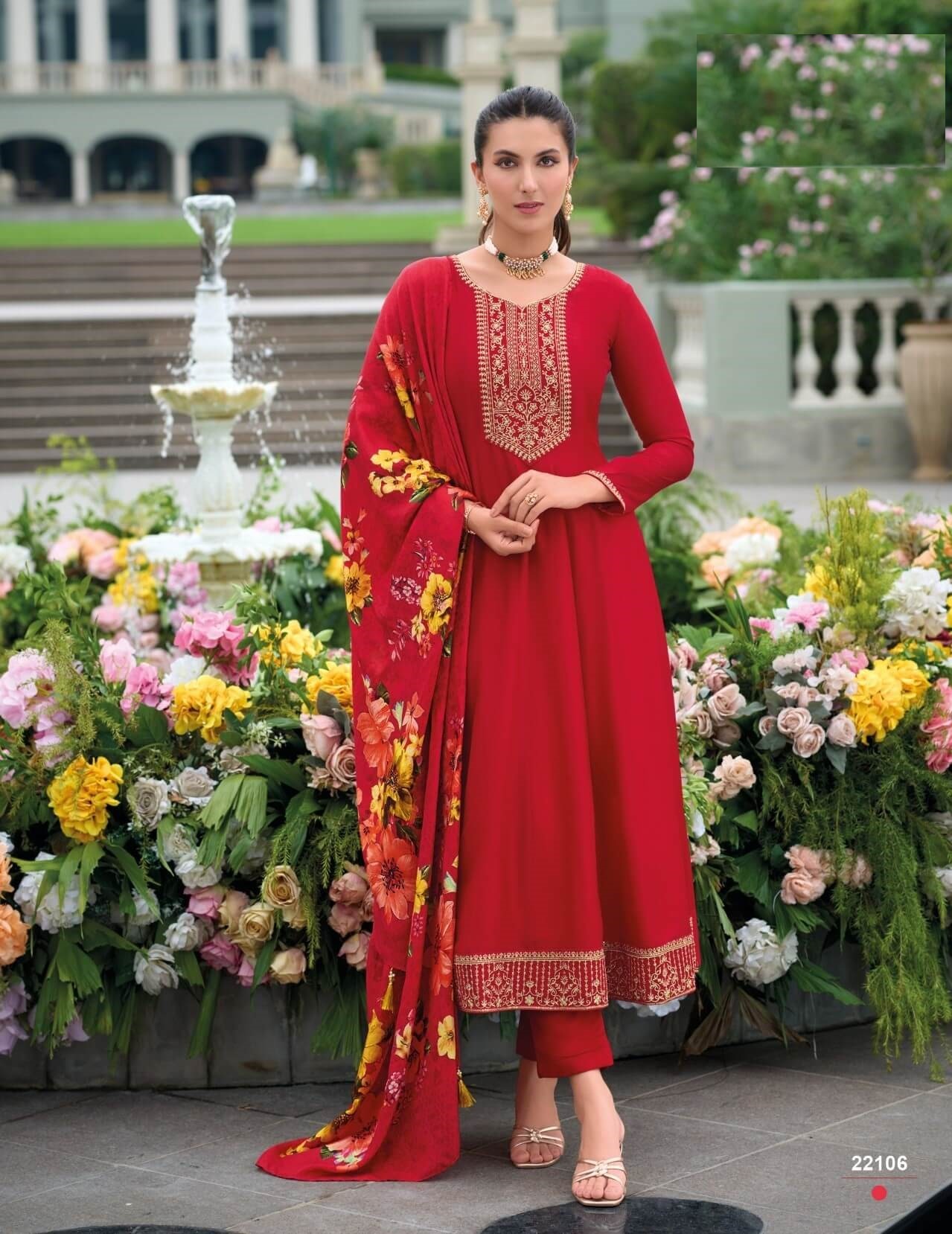 Red Silk Anarkali Suit With Floral Organza Dupatta 22106