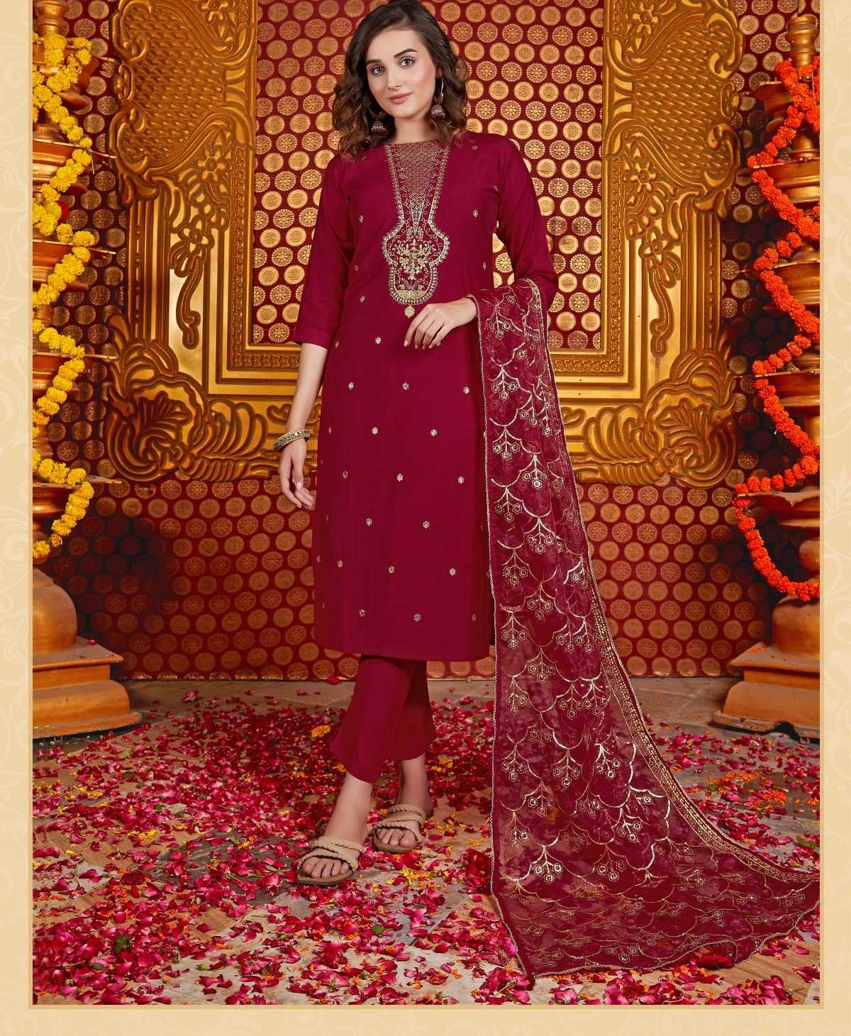 Red Silk Heavy V Neck Embroidery Organza Dupatta Full Stitch Suits 1001