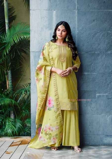 Lemon Soft Silk Embroidered Gharara Suit With Digital Print Silk Dupatta 1001