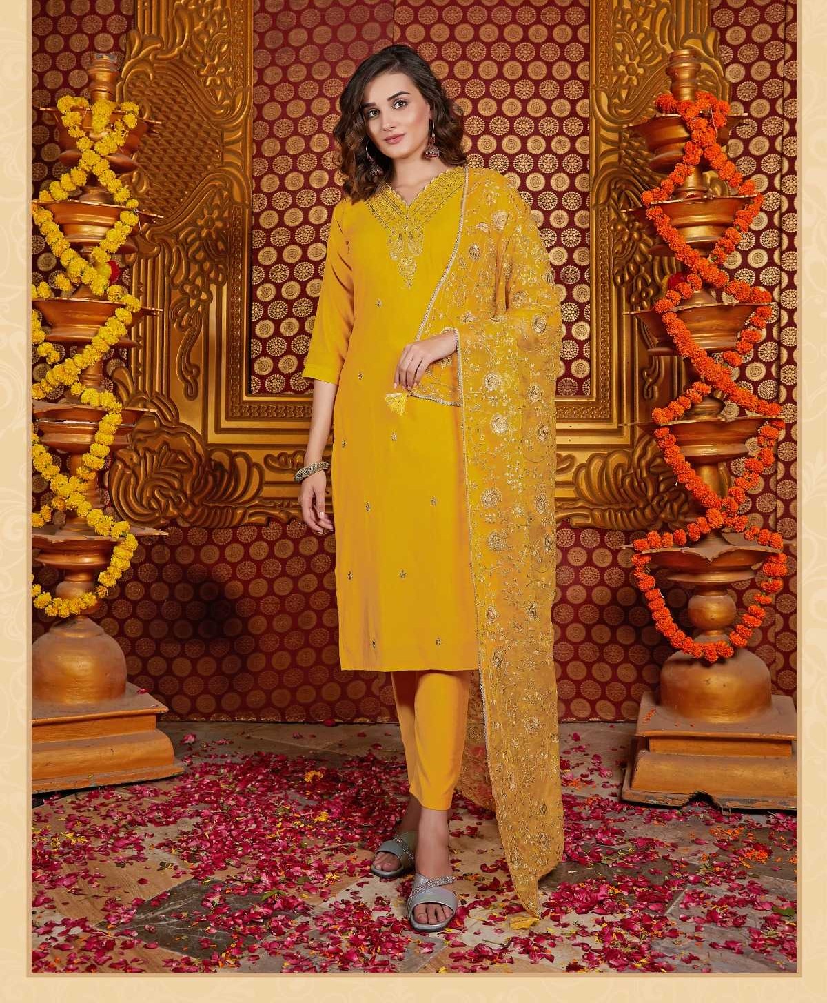 Yellow Silk Heavy V Neck Embroidery Organza Dupatta Full Stitch Suits 1003