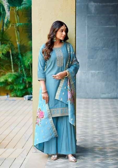 Sky Blue Soft Silk Embroidered Gharara Suit With Digital Print Silk Dupatta 1004