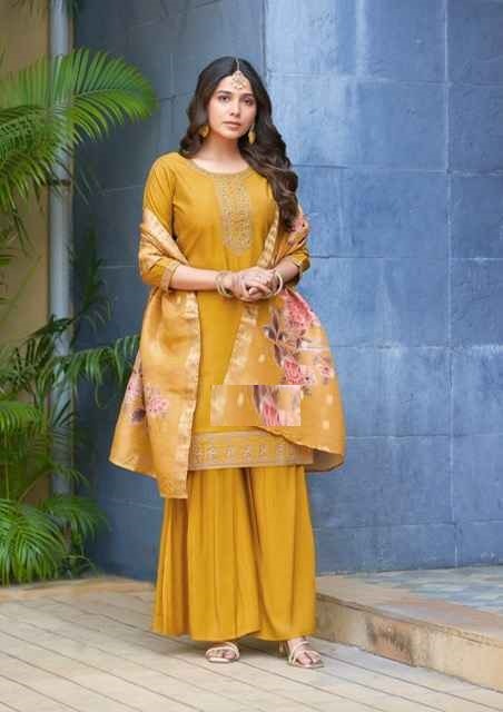 Yellow Soft Silk Embroidered Gharara Suit With Digital Print Silk Dupatta 1006