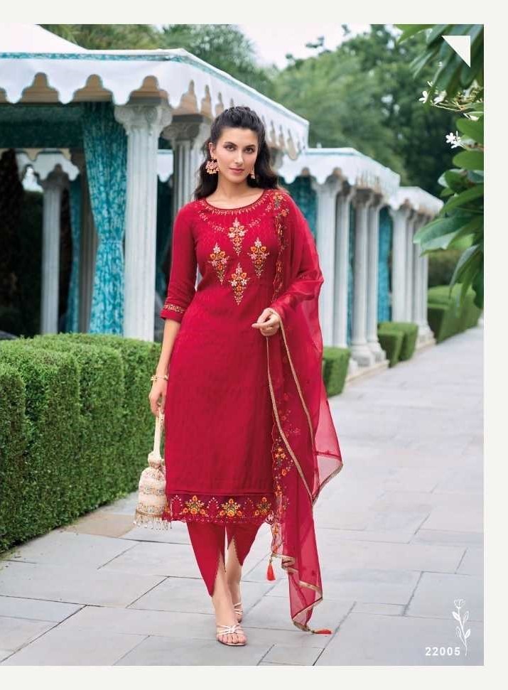 Red Silk Handwork Suit With Tulip Pants & Silk Dupatta 22005