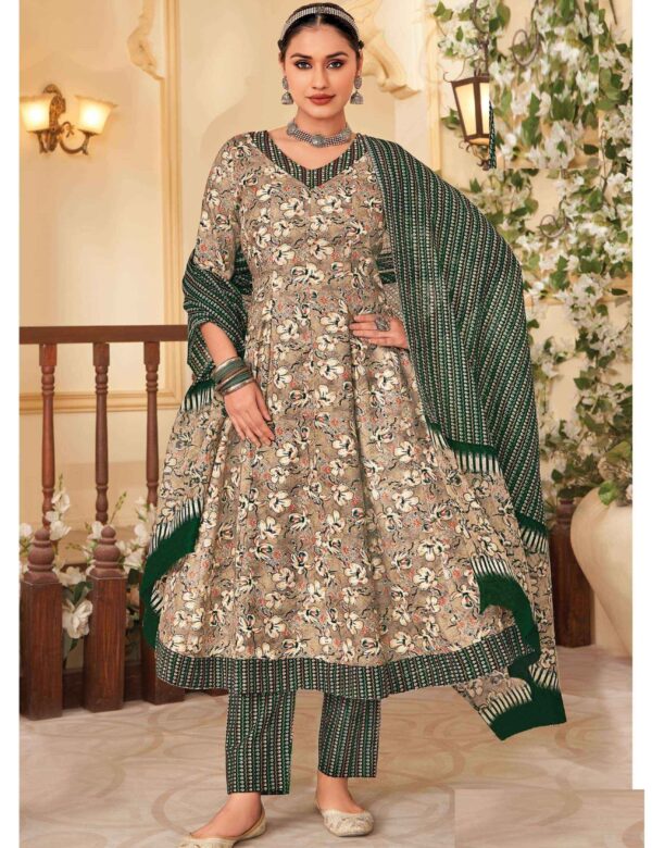 Dark Green Pure Cotton Printed Anarkali Suit 407