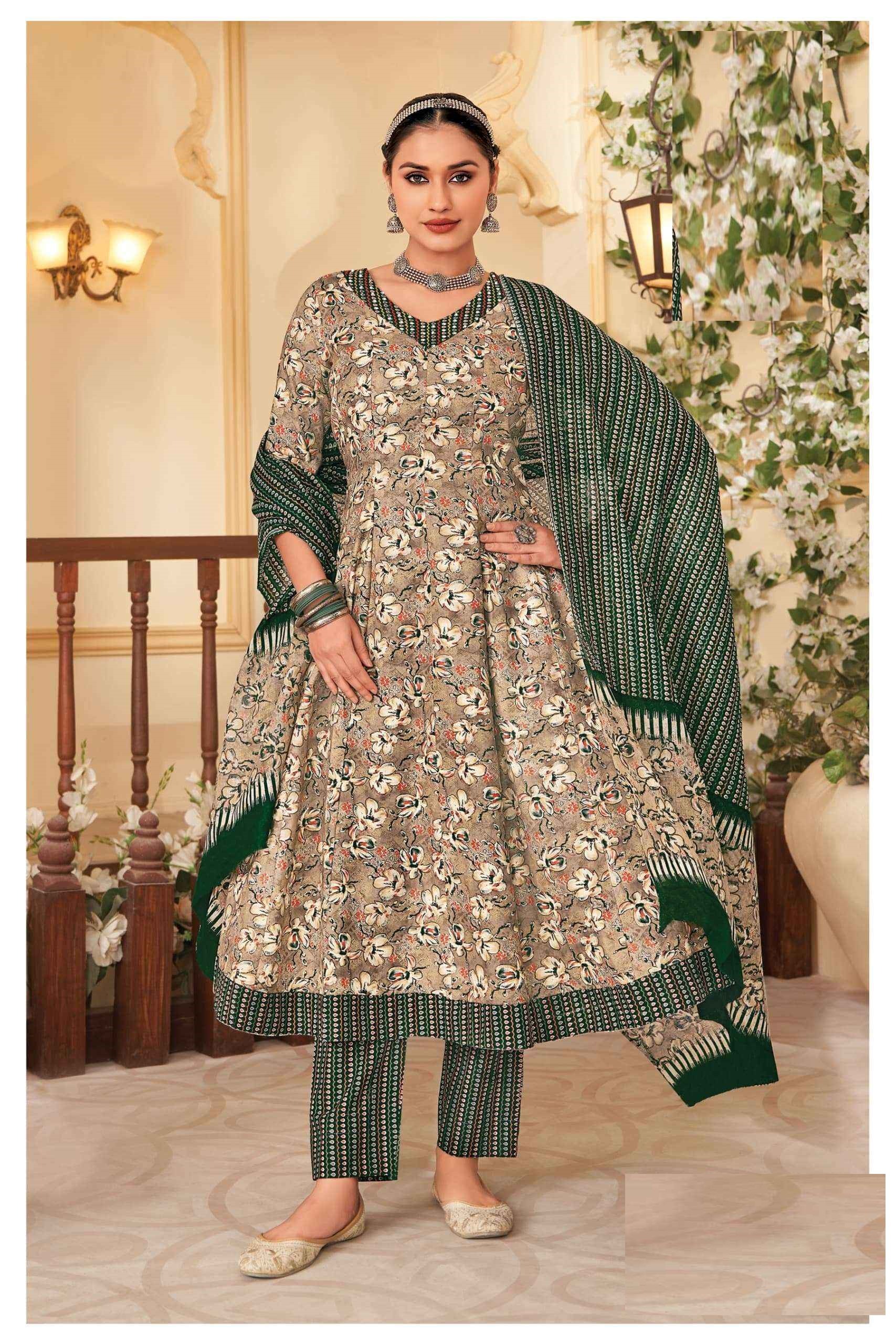 Dark Green Pure Cotton Printed Anarkali Suit 407
