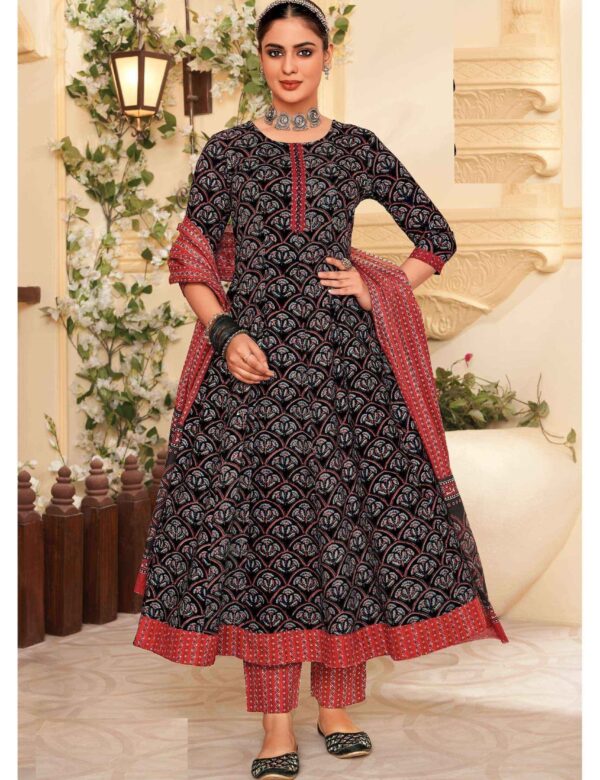 Black Pure Cotton Printed Anarkali Suit 409