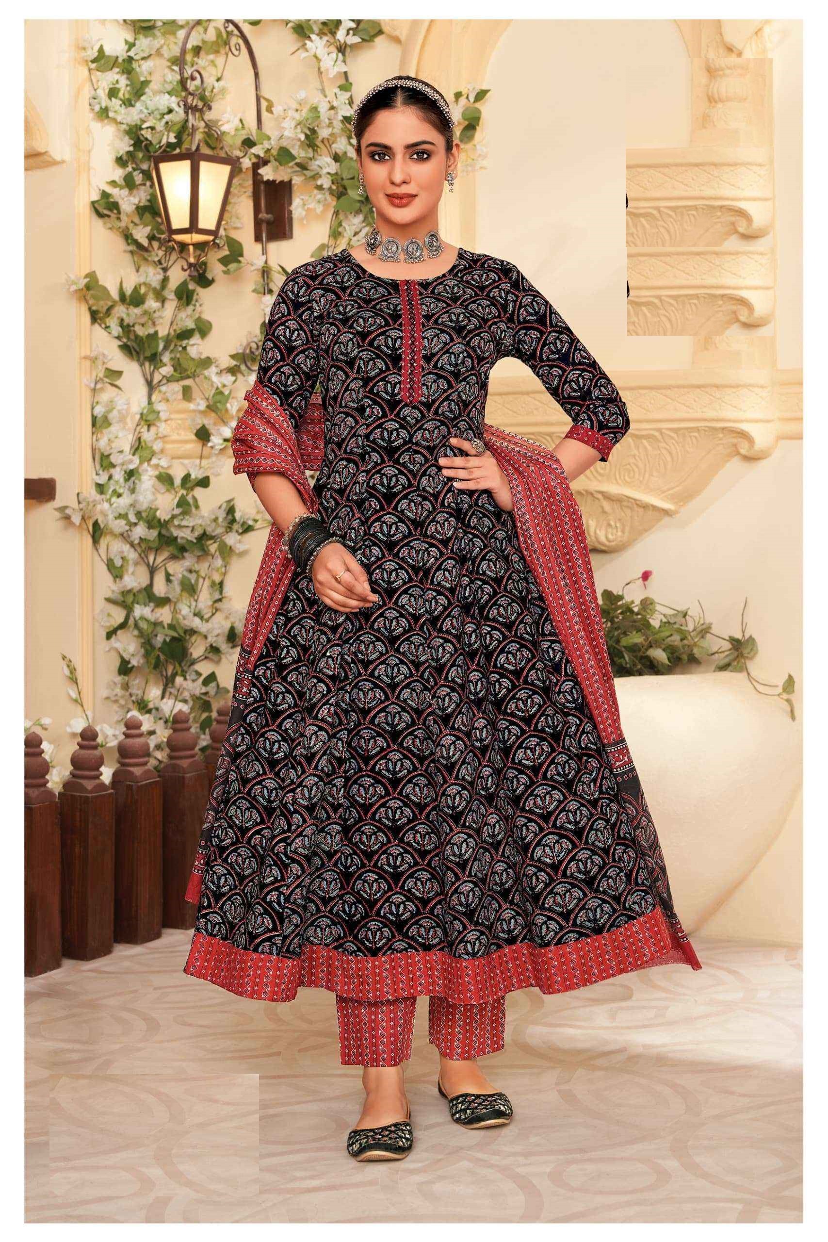 Black Pure Cotton Printed Anarkali Suit 409