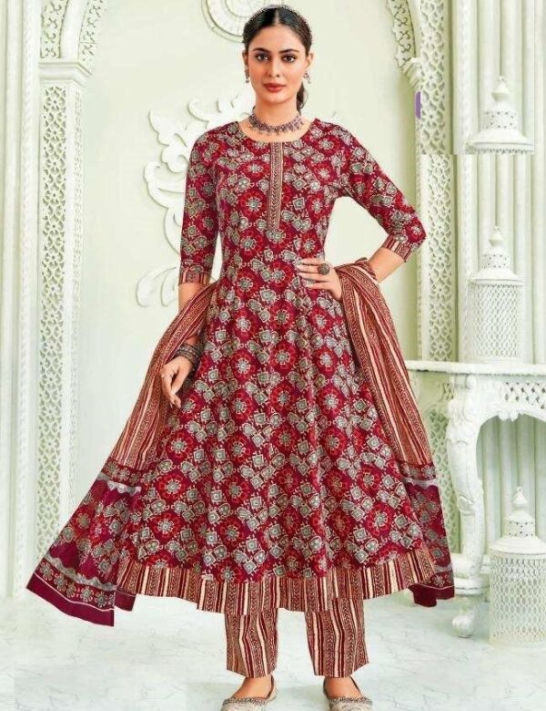 Red Cotton Printed Anarkali Suit 504