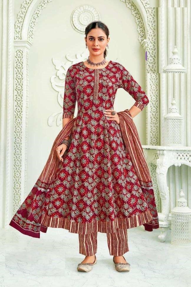 Red Cotton Printed Anarkali Suit 504