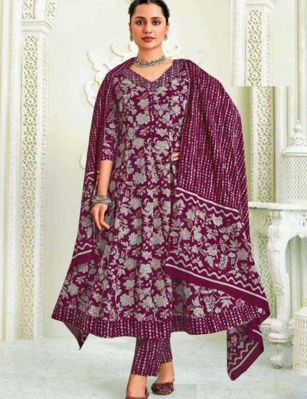 Purple Cotton Printed Anarkali Suit 511