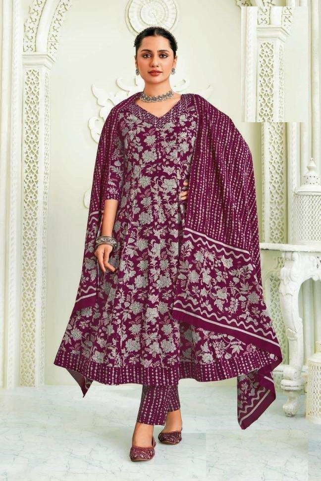 Purple Cotton Printed Anarkali Suit 511