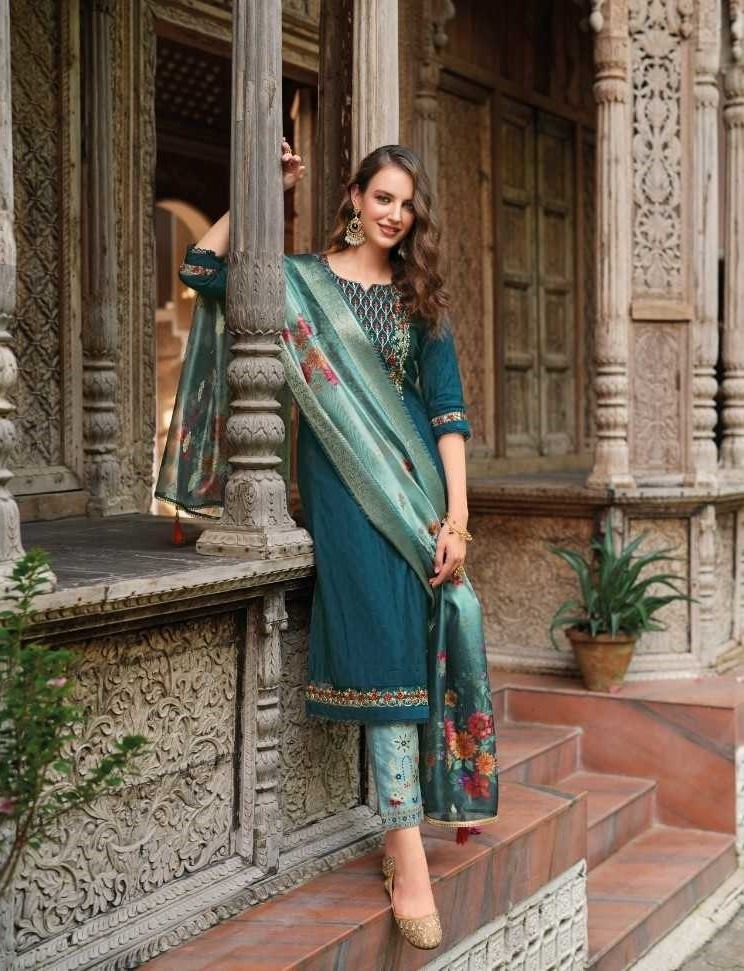 Peacock Blue Soft Silk Hand Work Top & Banarasi Bottom With Silk Dupatta Suits 23205