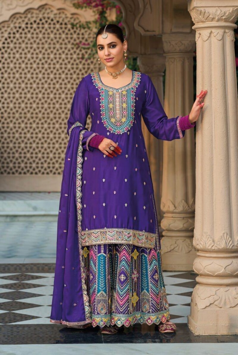 Fabulous Full Stitched Chinon Silk Palazzo Suits For Wedding 1806A