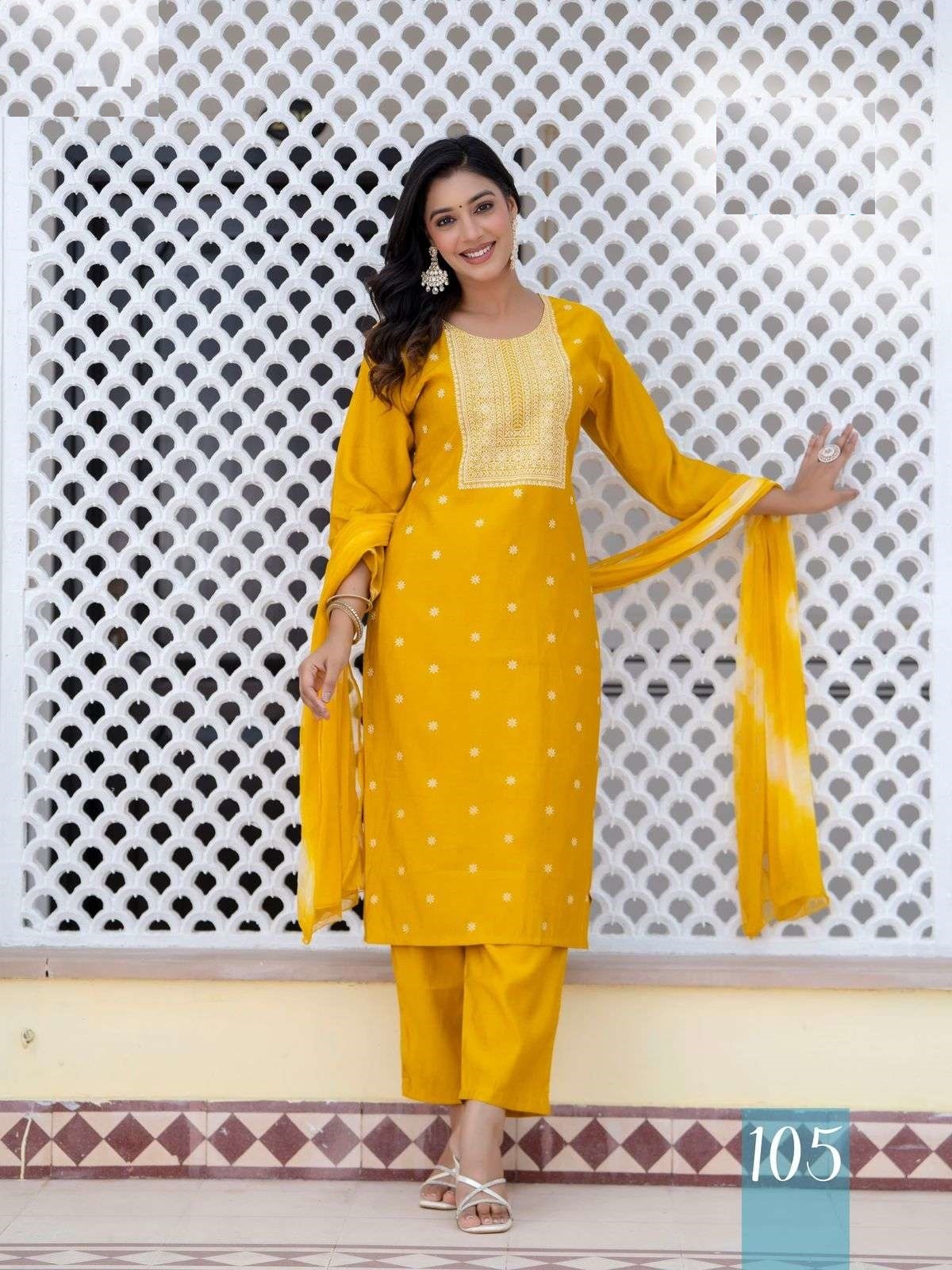 Yellow Printed Roman Silk Suits With Soft Silk Dupatta 105