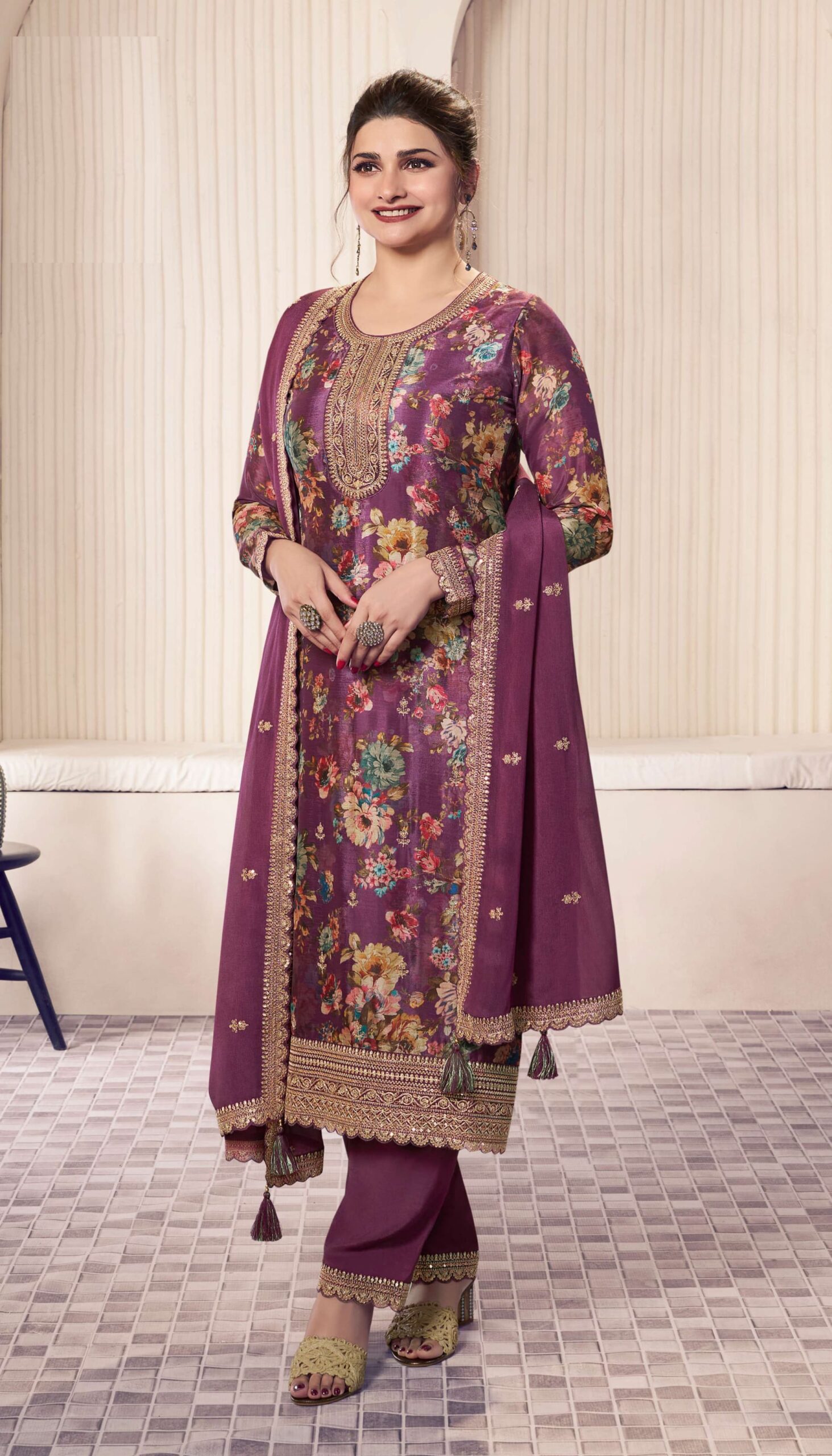 Magenta Floral Print Chinon Silk Plus Size Full Stitched Ceremonial Suits 72061