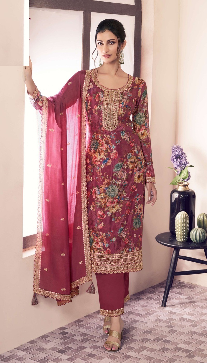 Pink Floral Print Chinon Silk Plus Size Full Stitched Ceremonial Suits 72064