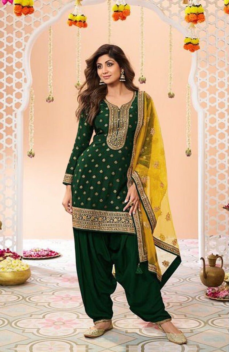 Dark Green Plus Size Jacquard Silk Full Stitched Patiyala Suits 704A