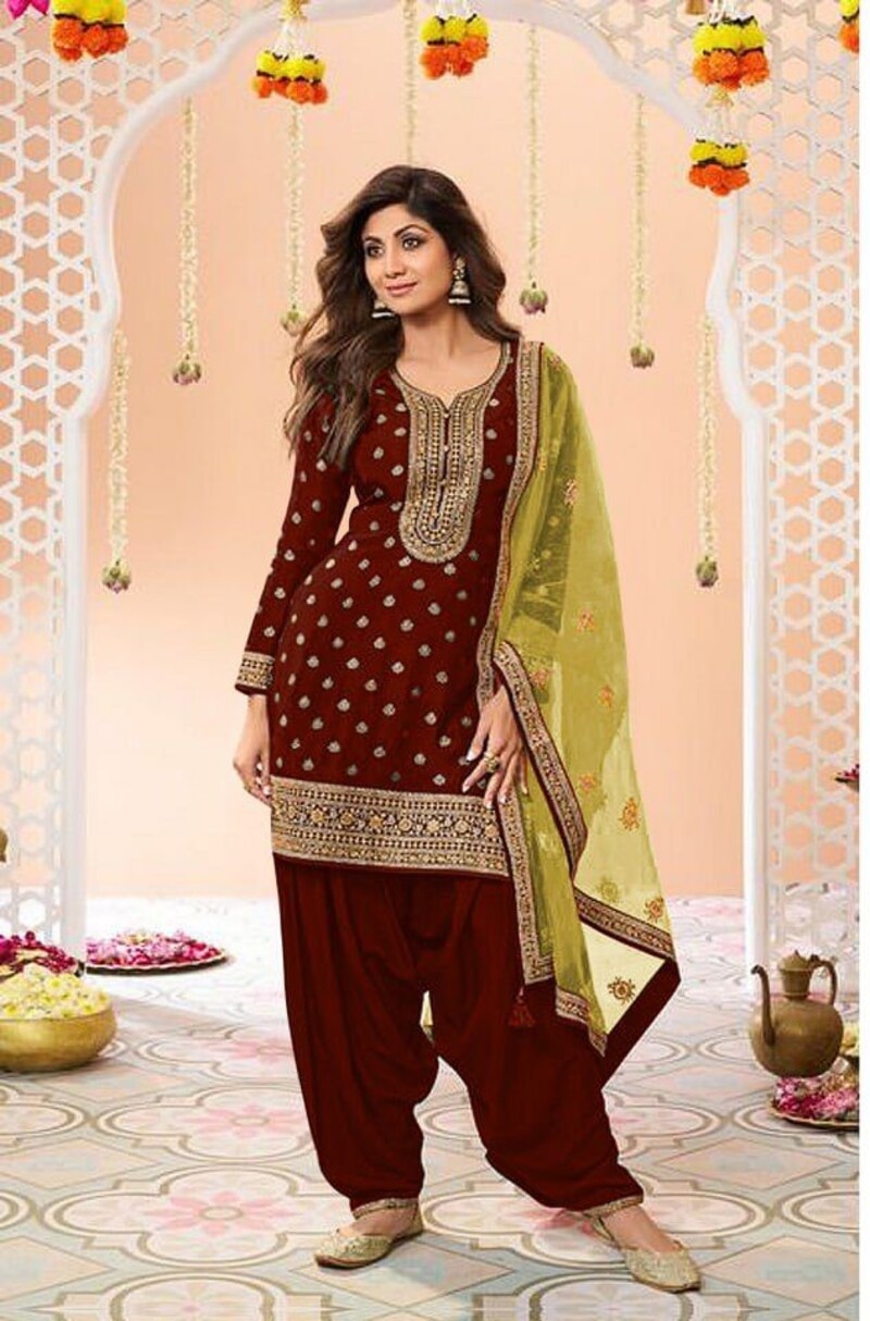Maroon Plus Size Jacquard Silk Full Stitched Patiyala Suits 704C