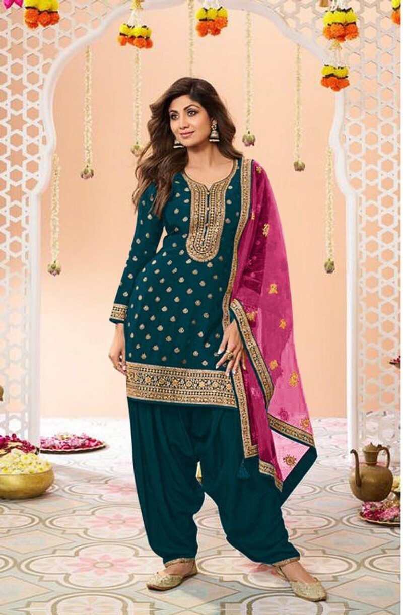 Peacock Blue Plus Size Jacquard Silk Full Stitched Patiyala Suits 704D
