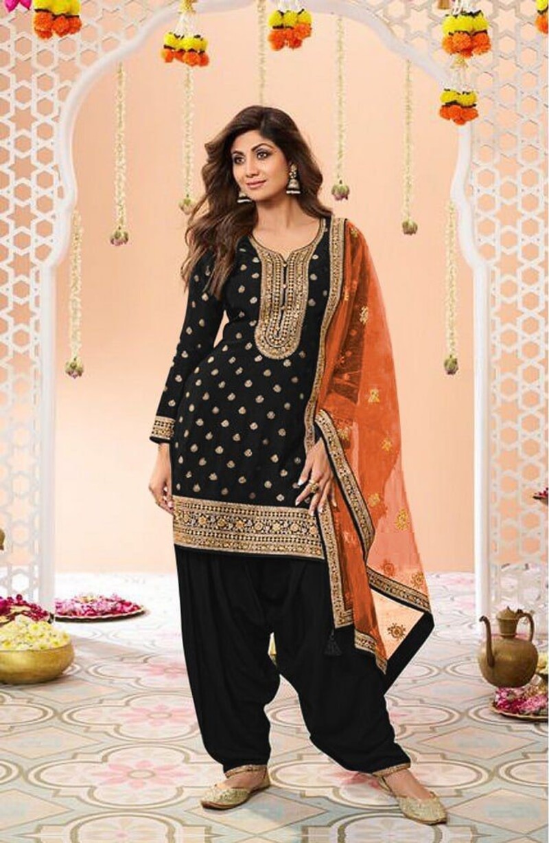 Black Plus Size Jacquard Silk Full Stitched Patiala Suits 704E