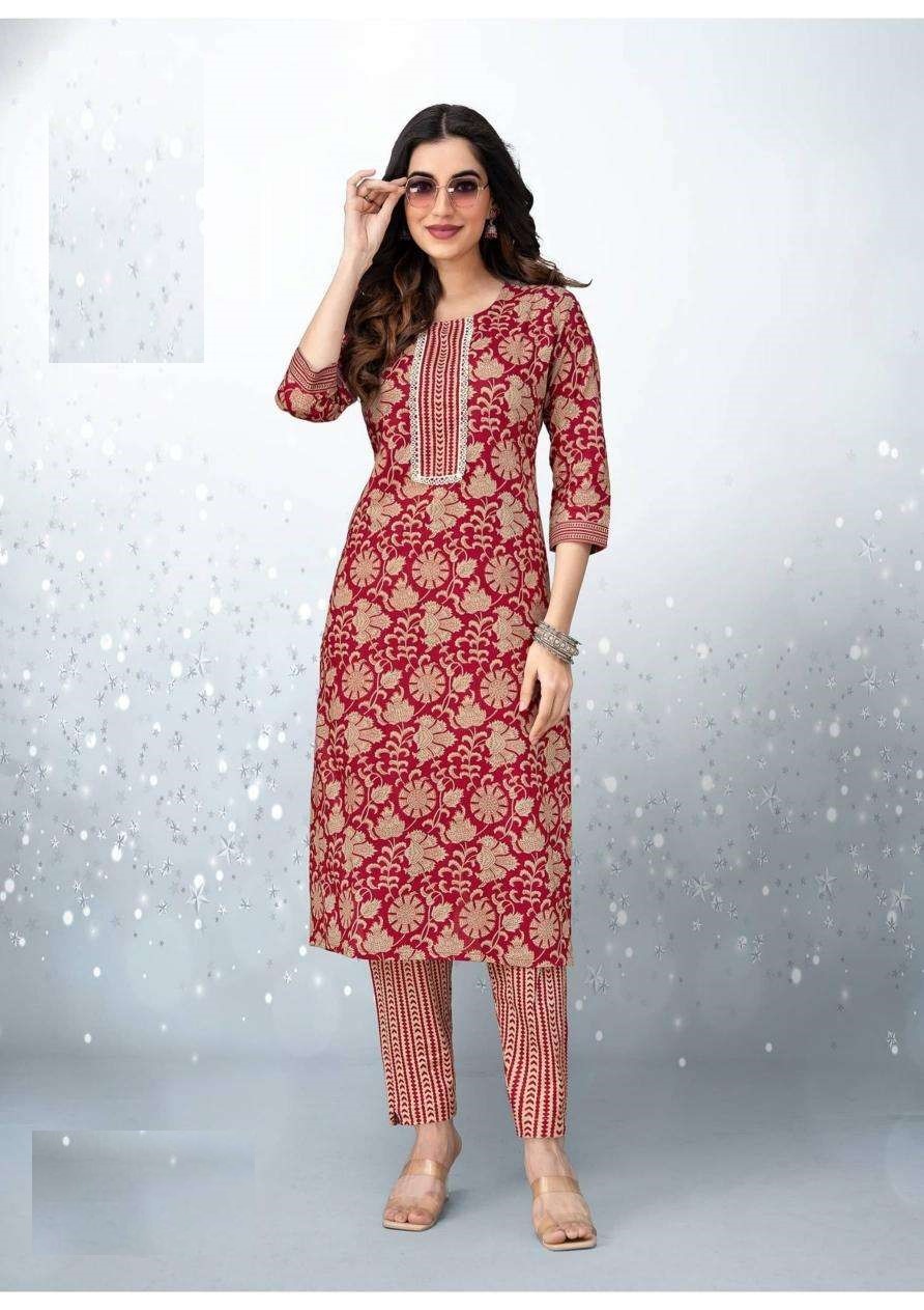 Summer Collection Plus Size Red Pure Cotton Kurta And Pant Set 1001