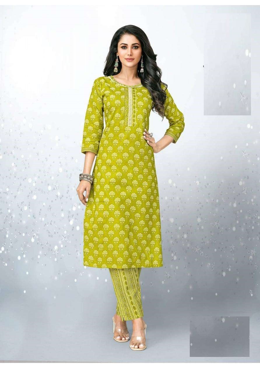 Summer Collection Plus Size Lemon Green Pure Cotton Kurta And Pant Set 1006