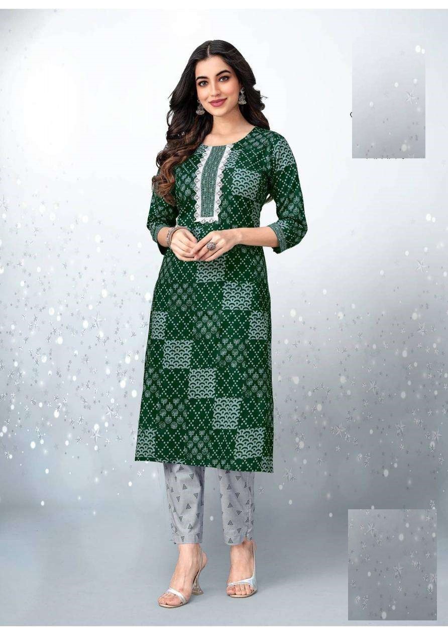 Summer Collection Plus Size Bottle Green Pure Cotton Kurta And Pant Set 1008