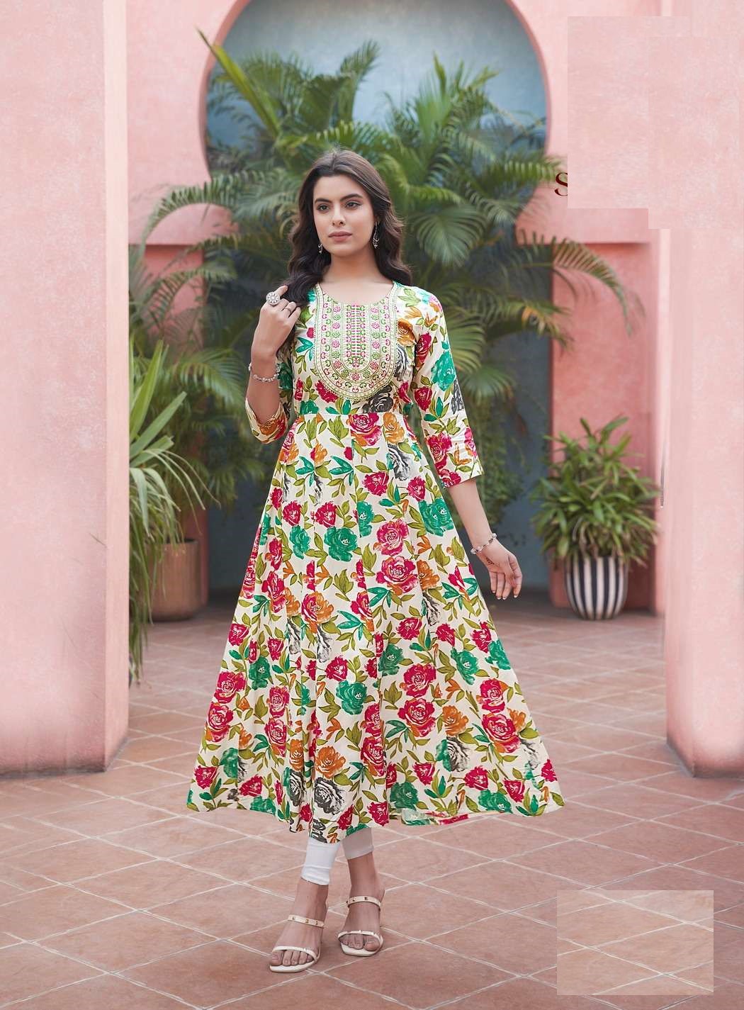 Multicolor Heavy Cotton Floral Print With Embroidery Anarkali Kurti 1001