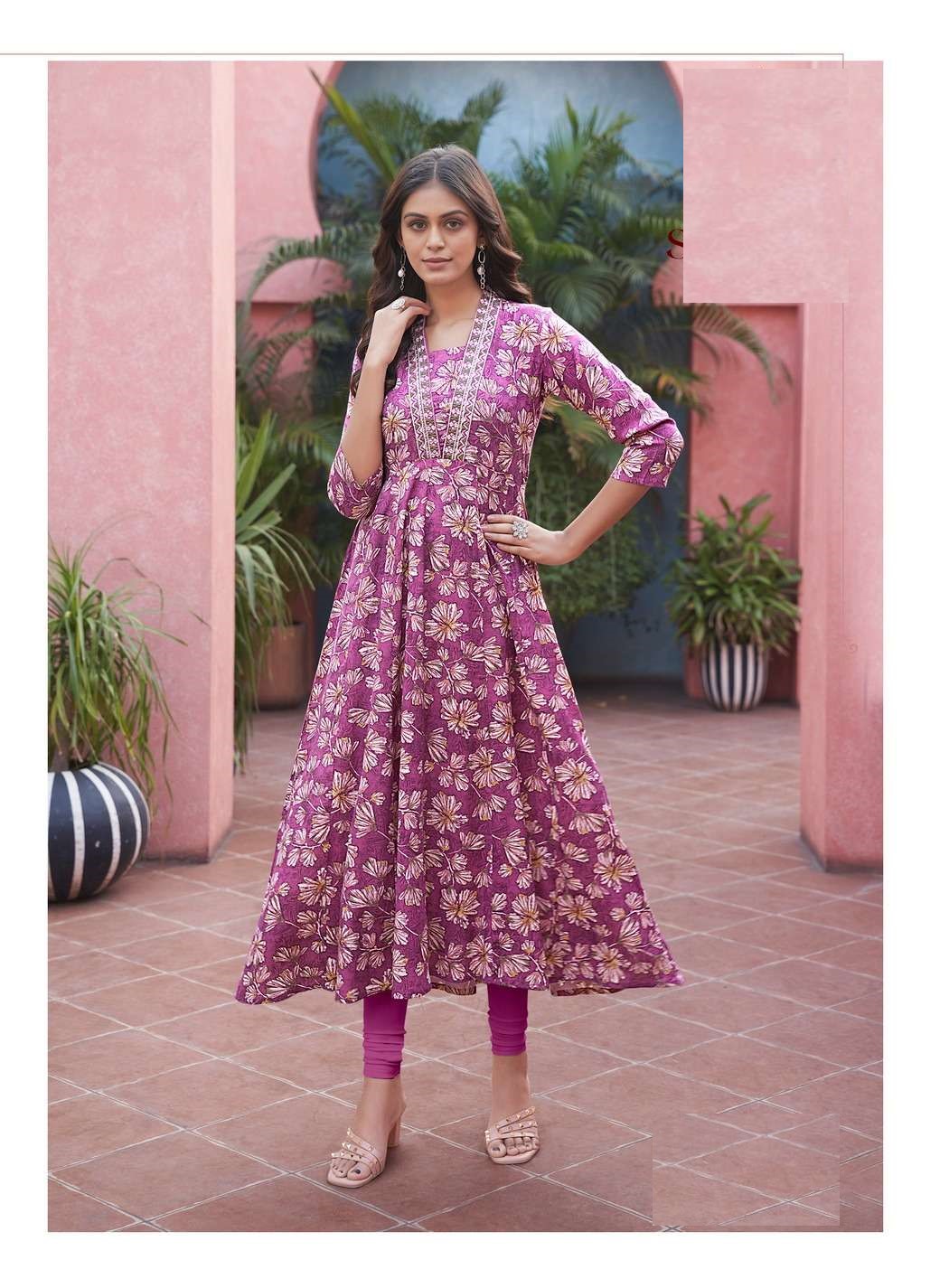 Light Purple Heavy Cotton Floral Print With Embroidery Anarkali Kurti 1003