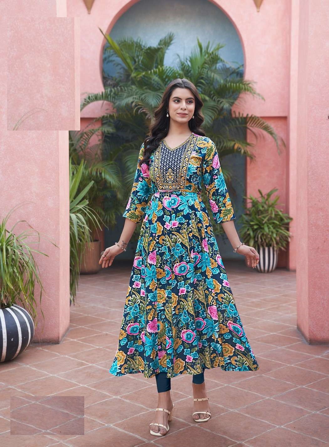 Dark Blue Heavy Cotton Floral Print With Embroidery Anarkali Kurti 1004