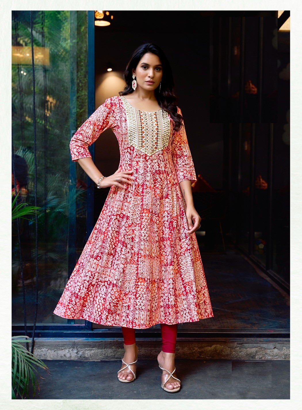 Tomato Red Heavy Cotton Floral Print With Embroidery Anarkali Kurti 2005