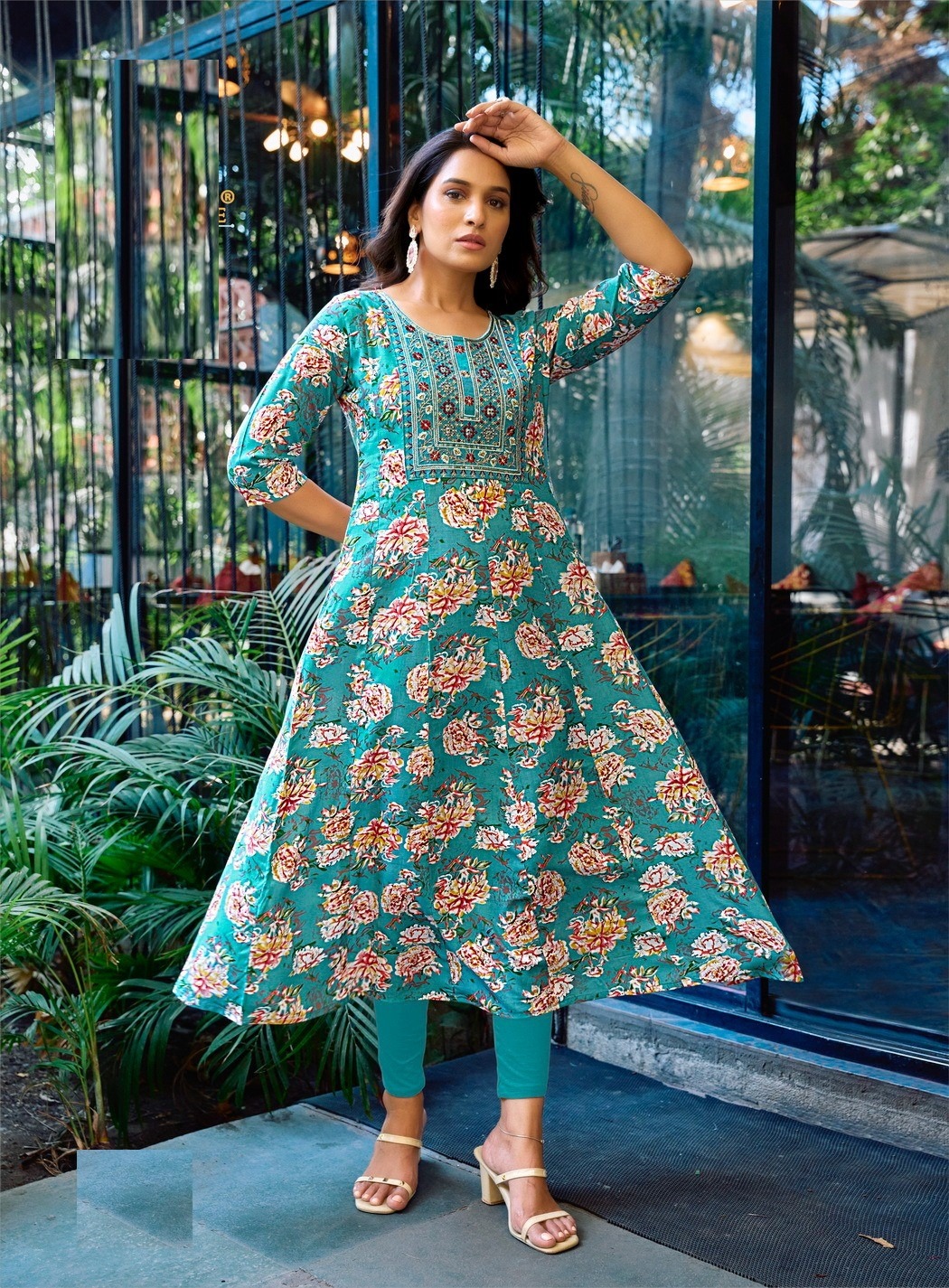 Dark Blue Heavy Cotton Floral Print With Embroidery Anarkali Kurti 2008