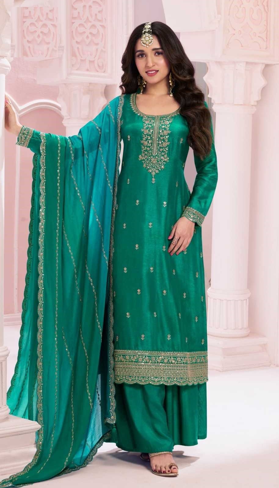 Sea Green Georgette Silk Embroidery Plus Size Full Stitched Suits 69452