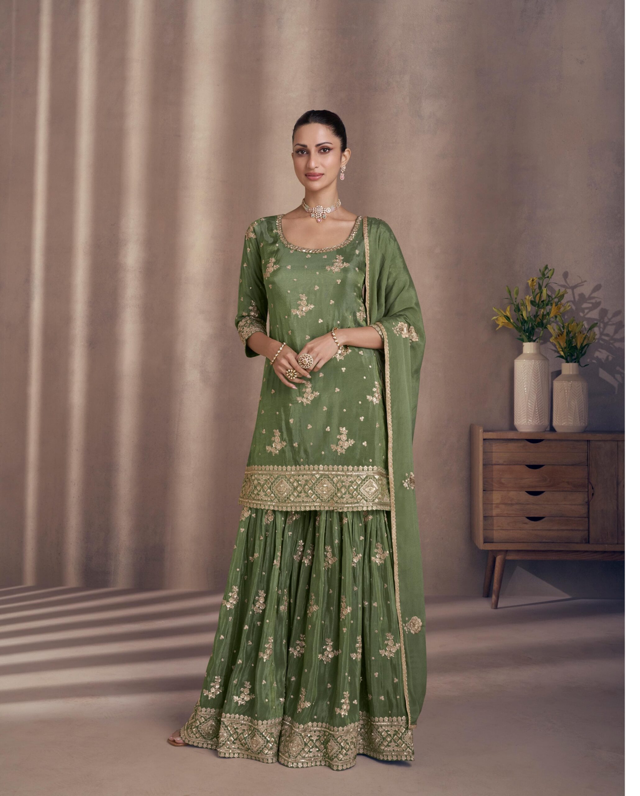 Chinon Silk Green Heavy Embroidery Sharara Suits 5439