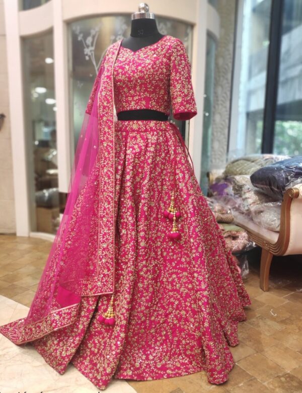 Rose Pink Heavy Silk Semi Stitched Wedding Lehenga V3-223