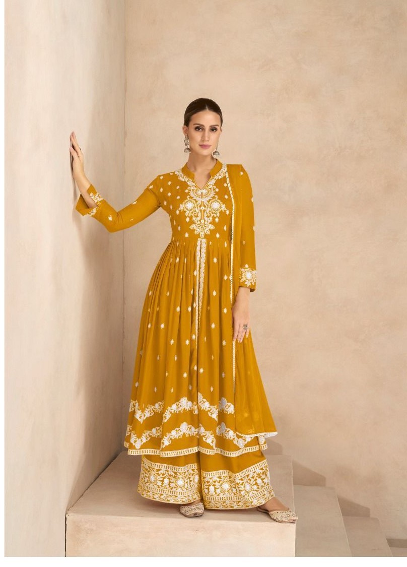 Yellow Rayon Lucknowi Casual Wear Palazzo Suits 1031K